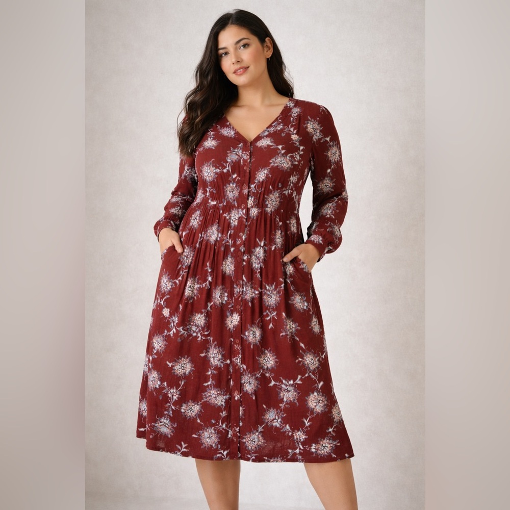 Garnet Hill Burgundy Floral Boho Dress Size 6 Lined Button Front Pockets